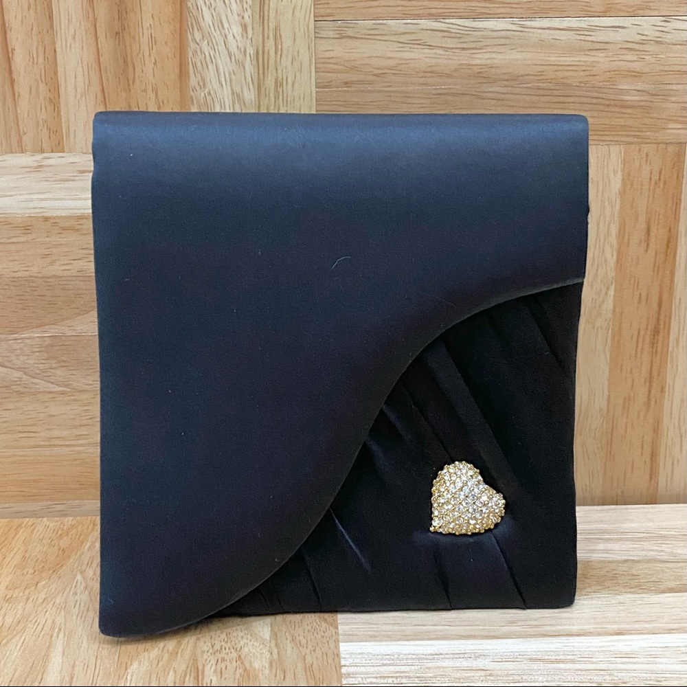 INGE CHRISTOPHER Black Silk Satin Evening Bag with Heart Bling Rhinestone